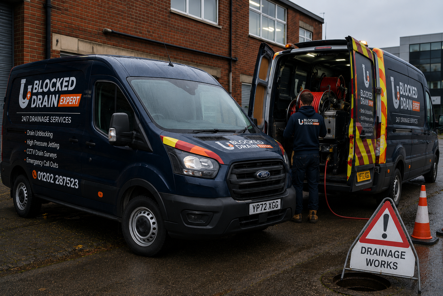 Blocked Drain Expert drainage vans and cleaning equipment on site